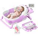 Collapsible Baby Bathtub for Infants to Toddler with Real-time Temp Monitor+Floating Cushion, Foldable Baby Bath Tub Set Applicable 0-36 Month, Portable Travel Bathtub for Newborns Girl (Purple)