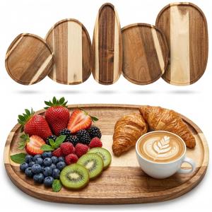 Okllen Set of 5 Small Acacia Wood Serving Platter and Trays, Irregular Oval Solid Wood Plates Serving Tray, Lightweight Wood Dinner Plates for Breakfast, Coffee, Tea, Snack, 6.3~11.7" L, 5.1~8.2" W