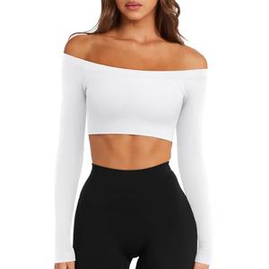 LASLULU Womens White Crop Top Off The Shoulder Tops Seamless Long Sleeve Workout Crop Top Sexy Athletic Gym Yoga Pilates Going Out Tops Shirts (White, Large)
