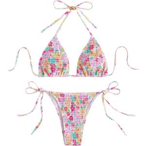 COZYEASE Women's 2 Piece Floral Bikini Sets Smocked Drawstring Side Triangle Halter Sexy Cute Swimsuits (L)