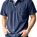 Men's Casual Polo Shirts Classic Button Basic Short Sleeve Shirt Solid Color Retro Tees Golf Stylish Tops (Blue, XL)
