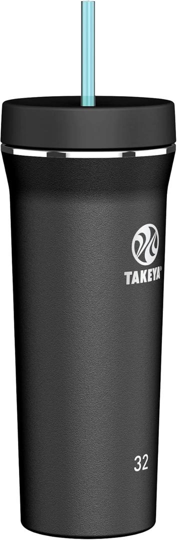 Takeya Straw Tumbler - For Coffee, Water & More - Durable with Built-In Silicone Coaster - Double Stainless Steel Insulation for Beverages - 32 oz, Onyx