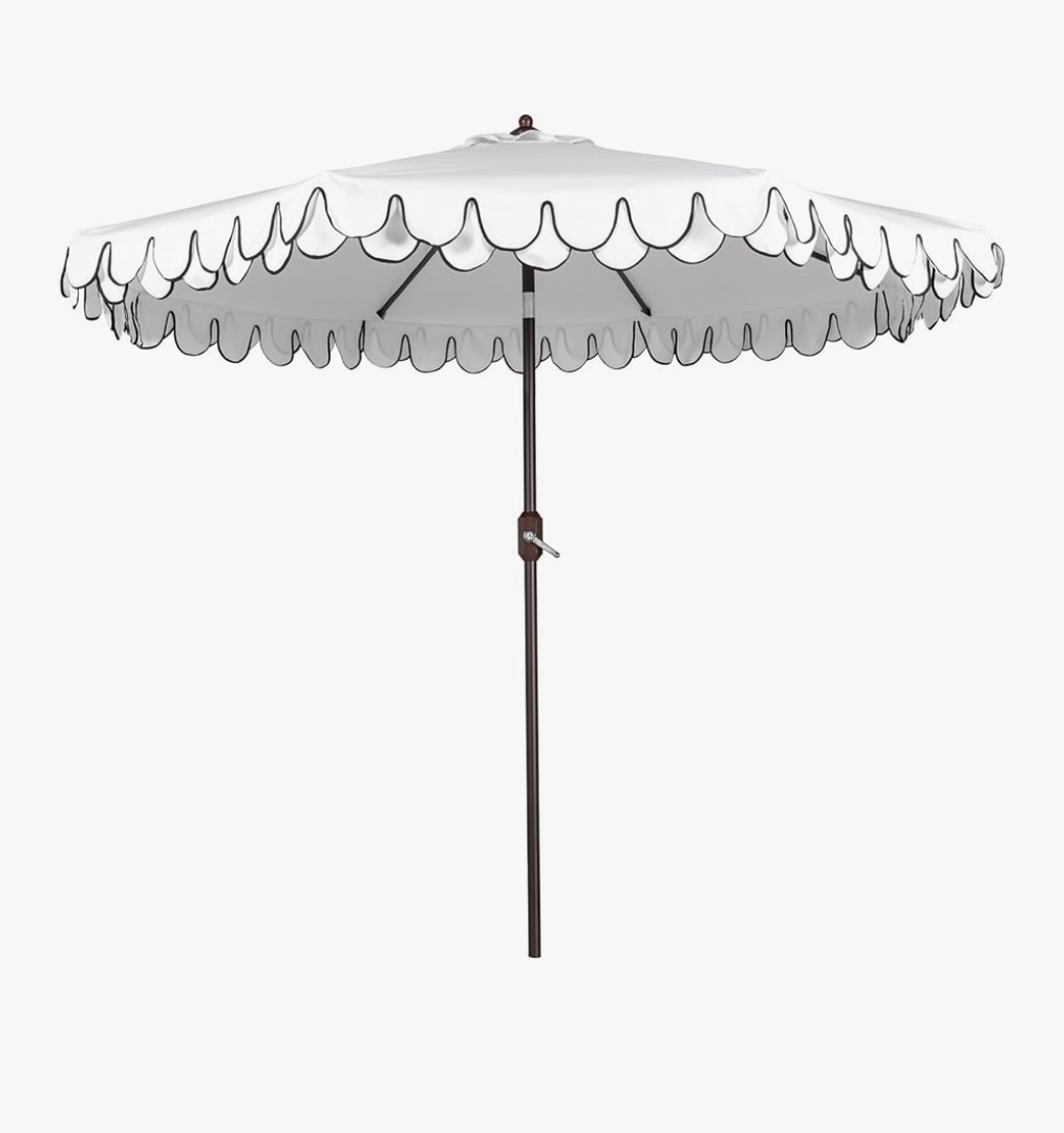9Ft Elegant Valance Patio Umbrella, Outdoor Umbrellas for Patio with Auto-Tilt and Crank Systerm, Table Umbrella for Outdoors, Poolside, Beach, Backyard, White/Black