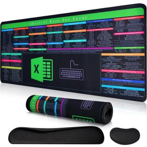 Excel Cheat Sheet Desk Pad Set  31.8"x11.8" Large 3-in-1 Excel Mouse Pad with Keyboard & Mouse Wrist Rest, Ergonomic Non-Slip Office Mat for Home & Work