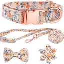 Dog Collar and Leash Set Girls Adjustable Puppy Collars with Floral Bow Tie for Small Medium Large Female Dogs, Orange Flower, Small