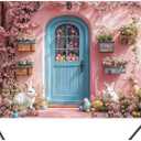 10X8ft Spring Easter Photography Backdrops Green Grass Lawn Pink Floral Colorful Eggs Blue Wooden Doors Garden Rabbits Easter Day Party Decorations Photo Background Photo Studio Props