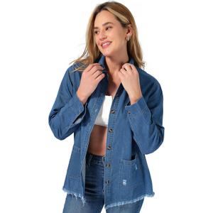 roswear Jean Shirt for Women Button Down Shirts Denim Tops Western Fall Outfits (Blue, XL)