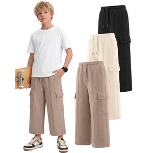 Langyiwee 3 Pack Boys Capri Pants Drawstring Elastic Waisted Teens Cargo Joggers Pull on Casual Sweatpants with Pockets(Khaki, Beige Apricot, Black,5-6 Years)
