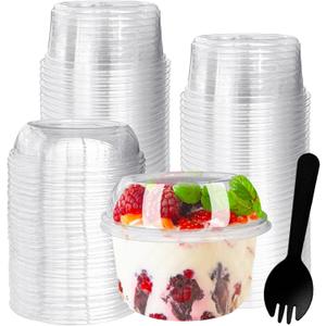50 Pack 12 oz Disposable Clear Plastic Cups with Dome Lids and Spoons,Plastic Dessert Cups,Disposable Snack Bowls for Ice Cream,Cake,Snacks,Fruit,Cold Drinks,Milkshake,Pudding,Salad