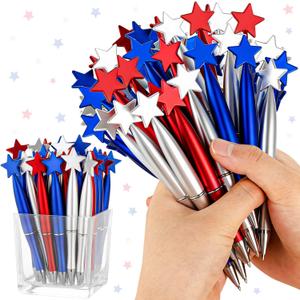 48Pcs Star Pens, July 4th Independence Day Pens, 1.0mm Patriotic Day Black Ink Ballpoint Pens for School Office Supplies Patriotic Party Favor, Red Blue White