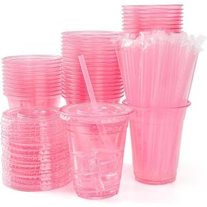 100 Set Pink Plastic Cups with Lids and Straws 12 oz Disposable Drinking Clear Cups for Wedding Pink Birthday Party Supplies