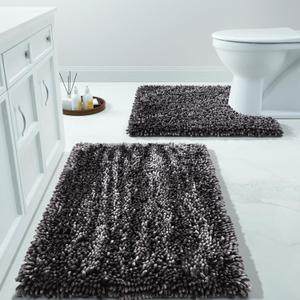 Yimobra Bathroom Rugs Sets 2 Piece, Luxury Shaggy Extra Thick Bathroom Rugs, Plush Non-Slip Mats for Bath Room Floor, U-Shaped Toilet Mat, Ultra Absorbent, 31.5 x 19.8 + 24.4 x 20.4 Inches, Dark Gray
