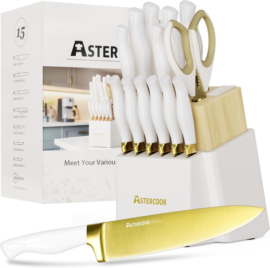 Astercook 15 Pieces Knife Set, Healthy Gold Titanium Coating Kitchen Knife Sets, Full Tang Knives Set with Block and Built-in Sharpener, German Stainless Steel Knife Block Set Dishwasher Safe Gold