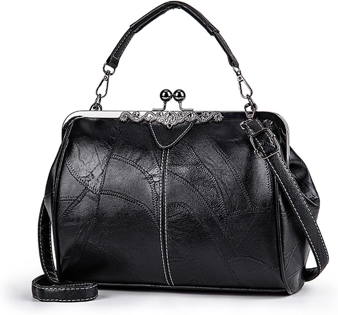 Women Vintage Hollow Handbag Oil Leather Shoulder Crossbody Bag Clutch Satchel Purse with Kiss Lock Closure (Black)