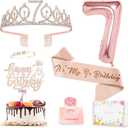 7th Birthday Decorations for Girls, Including 7 year old Birthday Cake Topper, Queen Sash with Pearl Pin, Sweet Rhinestone Tiara Crown, Number Candles and Balloons Set, Rose Gold