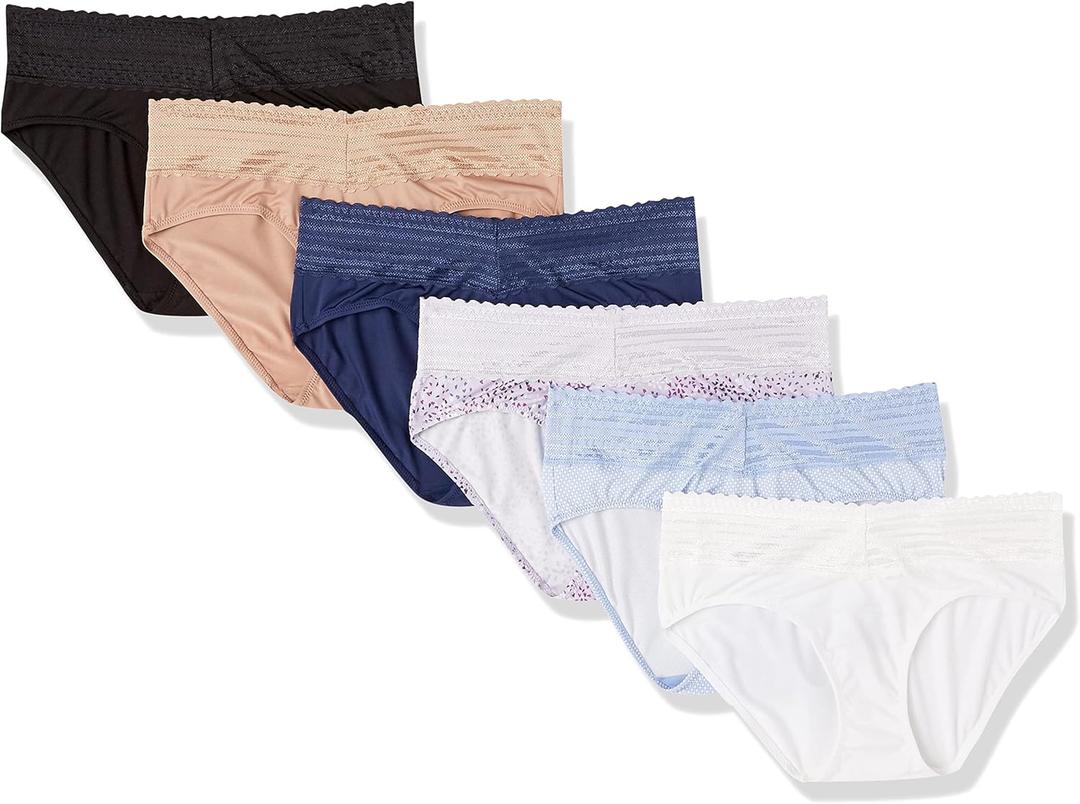 Warner's womens Blissful Benefits Dig-free Comfort Waistband With Lace Microfiber Hipster 6-pack Ru1796w (Large, Toasted Almond/Black/Hydrangea Delicate Diamonds/ Navy Ink/ Lilac Petals/ White)