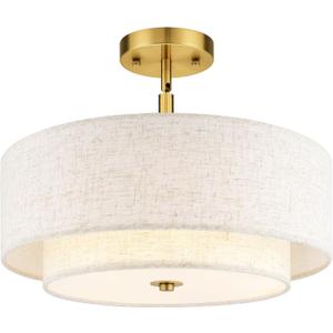 AUTELO Gold Semi Flush Mount Ceiling Light, 3-Light 16" Ceiling Light in Brushed Gold Finish with Drum Fabric Shade for Hallway Bedroom Kitchen, C2506 BG-16