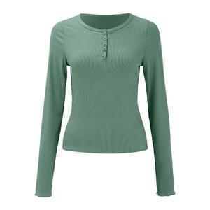 Afibi Women Long Sleeve Tops Scoop Neck Low Cut Slim Fitted Henley Shirt Ribbed Basic Tee Shirts Tops XS Green