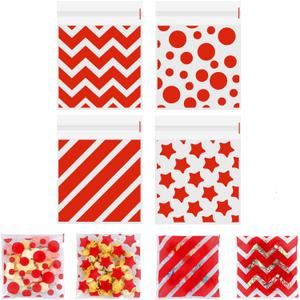 Valentines Cellophane Treat bags(4x4 Inch) 100 PCS Red Polka Dots Star Stripe Self Sealing Cookie Treat Snack Goodie Candy Goody Gifts Bags for Graduation Birthday Valentines Party Favors Supplies Wrap