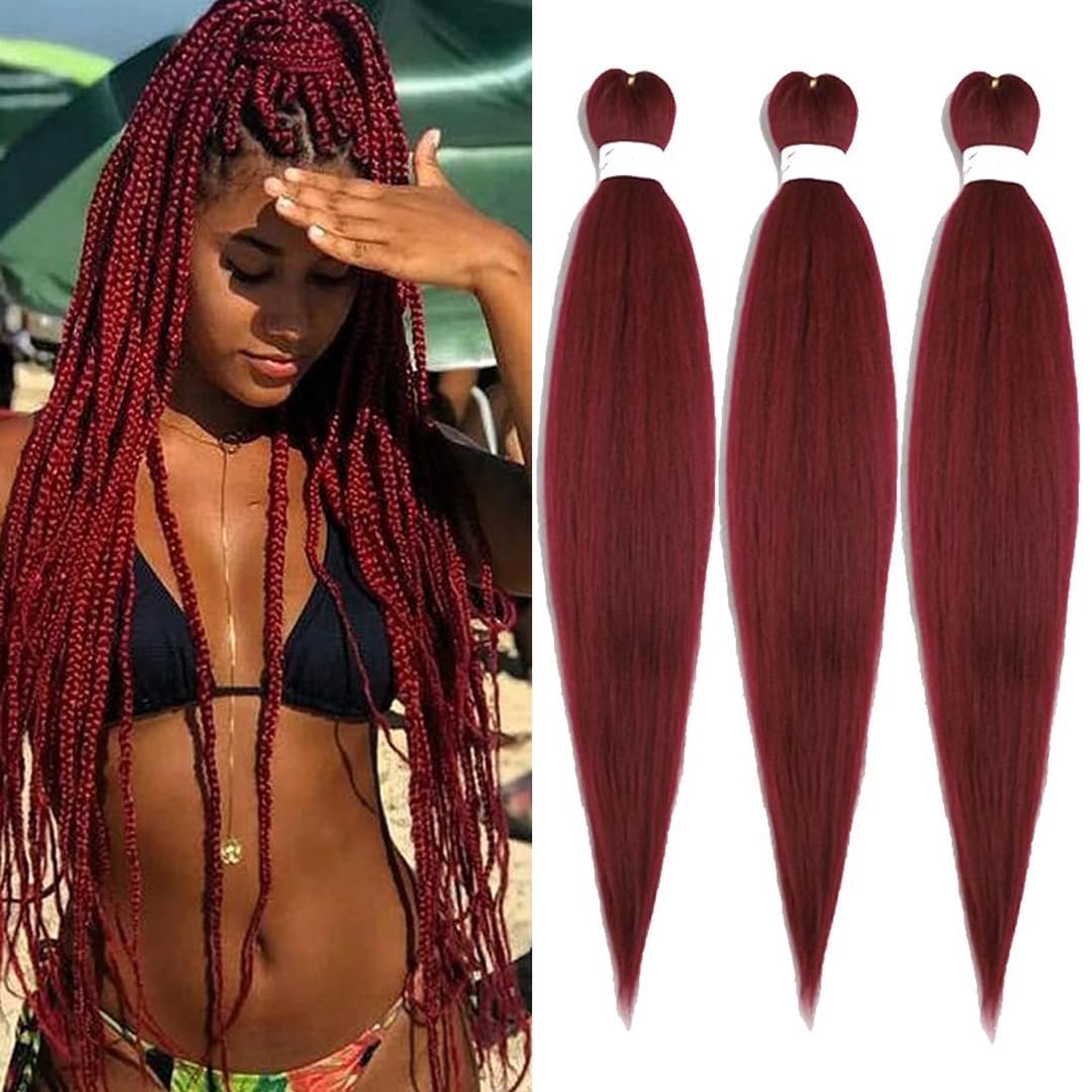 Pre Stretched Braiding Hair Extensions 3 Packs 36 Inch Burgundy Braiding Hair Synthetic Braids Hair Extension for Women Hot Water Setting(36Inch,900#)