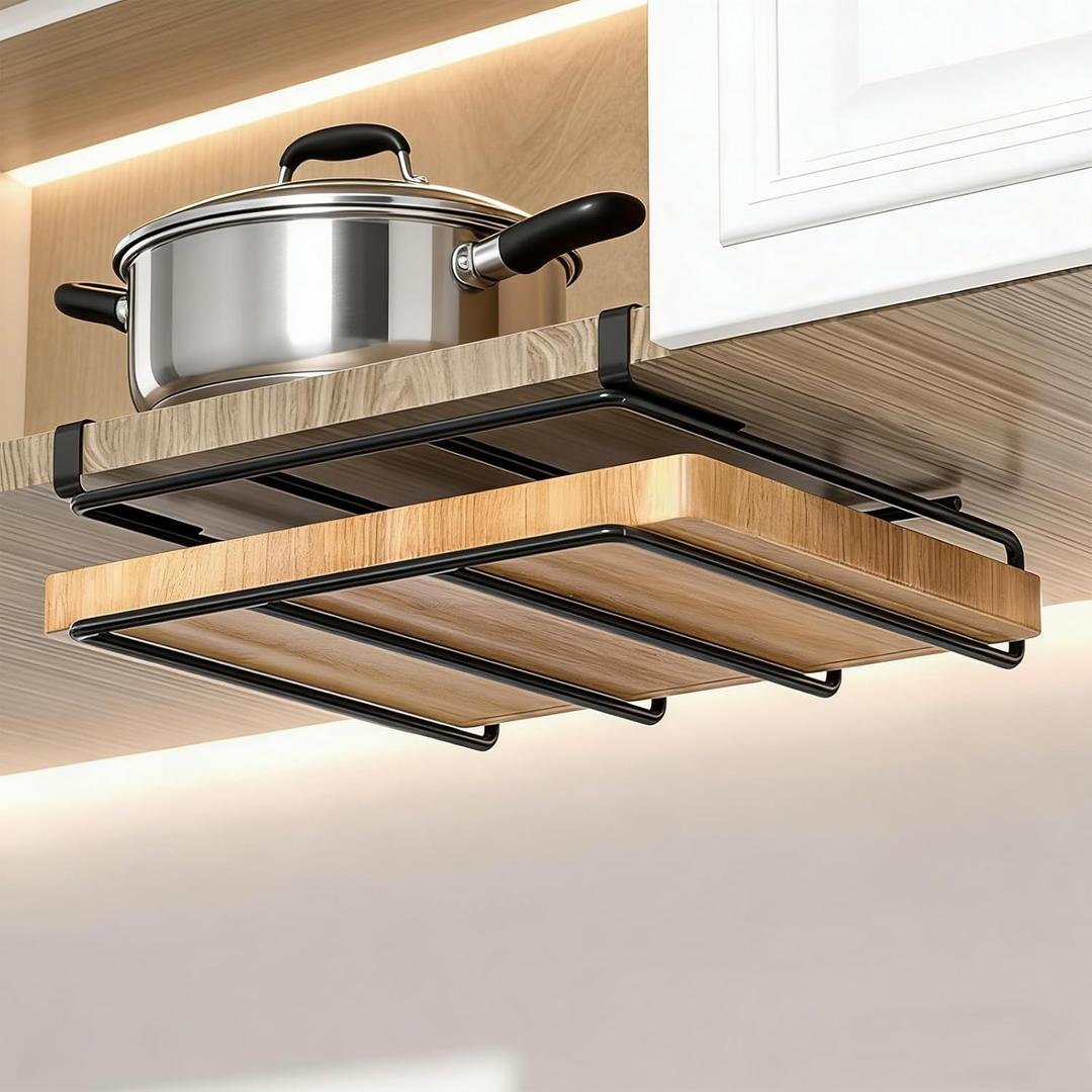 Chopping Board Rack Under Cabinet, Kitchen Stainless Steel Cutting Coard Holder, No-Hole Multifunctional kitchen Organizer Under Cabinet Shelf for Home Kitchen Utensils, Towel, Cutting Board Storage