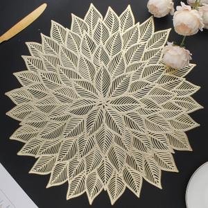 Placemats Set of 8, Round Hollow Out Flowers Place Mats for Dining Table Pressed Vinyl Blooming Leaf Table Mats for Holiday Party Wedding Accent Centerpiece Dinner Table Decoration (Gold)