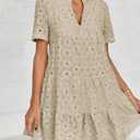Imily Bela Women's Summer Lace Dresses Eyelet Casual Flowy Babydoll Swing Short Sleeve V Neck Tunic Dress (Beige, M)