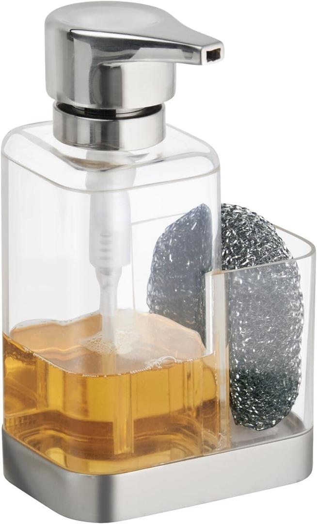 mDesign Modern Plastic Kitchen Sink Countertop Liquid Hand Soap Dispenser Pump Bottle Caddy with Storage Compartment - Holds and Stores Sponges, Scrubbers and Brushes - Clear/Brushed