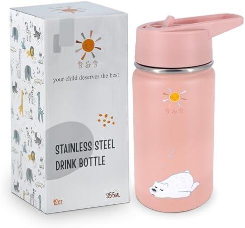 B&B Kids Stainless Steel Water Bottle with Straw Kids Insulated Water for School, Trip & Travel,Water Bottles for Boys Girls Reusable Double Wall Vacuum Leak Proof BPA Free
