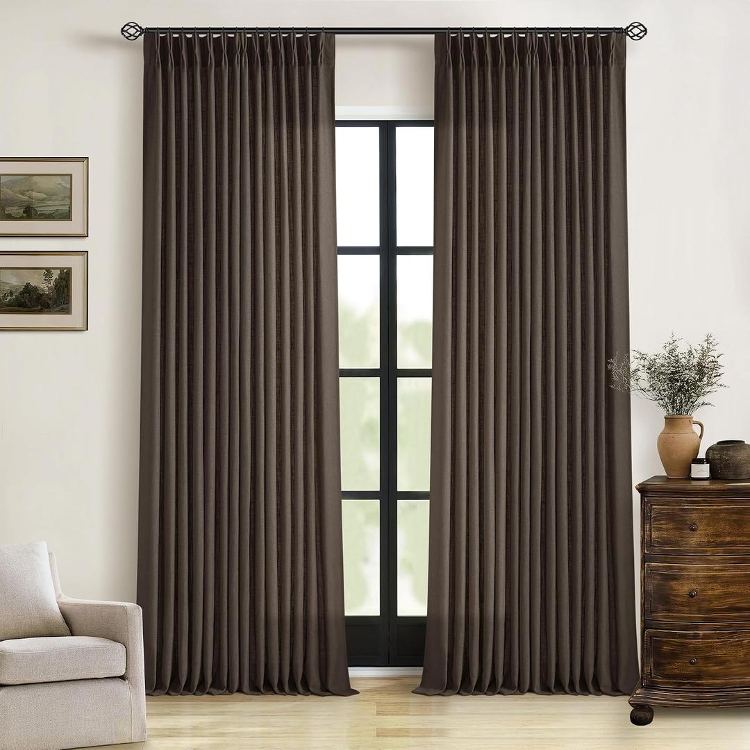 TWODRAPES Dark Chocolate Pinch Pleated Linen Curtains 2 Panels for Living Room Bedroom Memory Training Shaped Semi Sheer Pleat Drapes with Hooks Rings Light Filtering Window Curtain 40x108
