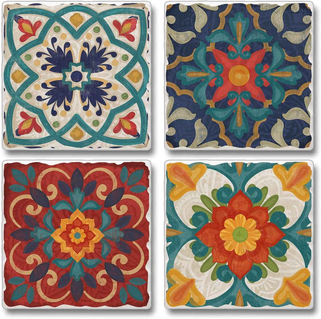 Thirstystone Spanish Villa Tumbled Tile Stone Coasters with Protective Cork Backing 4-Pack Manufactured in the USA Artistic Absorbent Easily Wipes Clean