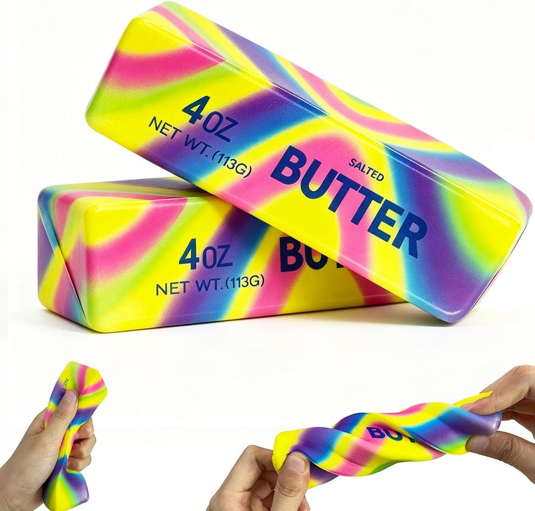 2PCS Butter Squishy Stress Toy, Realistic Butter Stick Fidget, Slow Rising Soft Squeeze Toy for Adults Stress Relief & Anxiety Relief, Sensory Desk Toy & Gift for Office Home (Dazzling Colors)