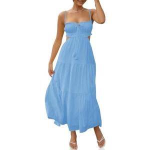 Fisoew Women's Spaghetti Strap Maxi Dress Summer Sleeveless Side Cut Out Dress Casual Boho Backless Flowy Long Dresses XS