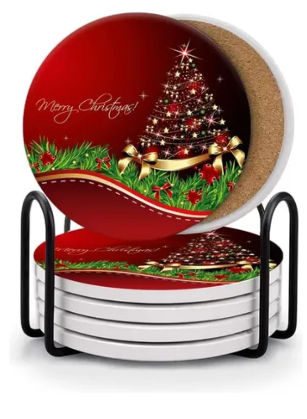 Christmas Tree Coaster (Pack of 6),Drink Coasters with Holder,Absorbent Coaster,Protecting The Table,Suitable for Kinds of Cups 3.9inches