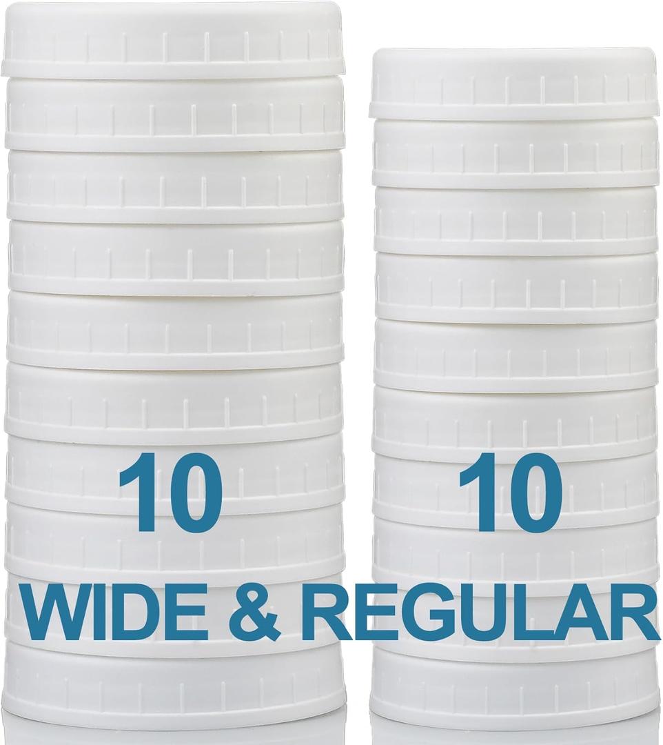 AOZITA 10 WIDE Mouth & 10 REGULAR Mouth Mason Jar Lids - 20 Pack Food Grade Plastic Mason Jar Caps for Ball, Kerr and More Canning Jars - Leakproof & Dishwasher Safe - White