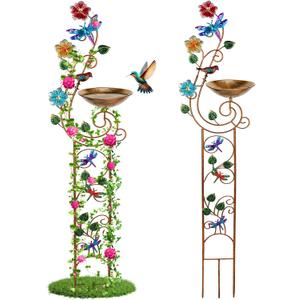 YADOOLIFE 57 Bird Bath with Garden Trellis for Climbing Plants Outdoor, Small Decorative Trellises Metal Birdbath Bird Baths, 1 Piece (Dragonfly)