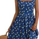 Loemes Summer Casual Cute Floral Flowy Square Neck Sundressses with Pocket Beach Dress for Women (Small, Blue Star Flower-52)