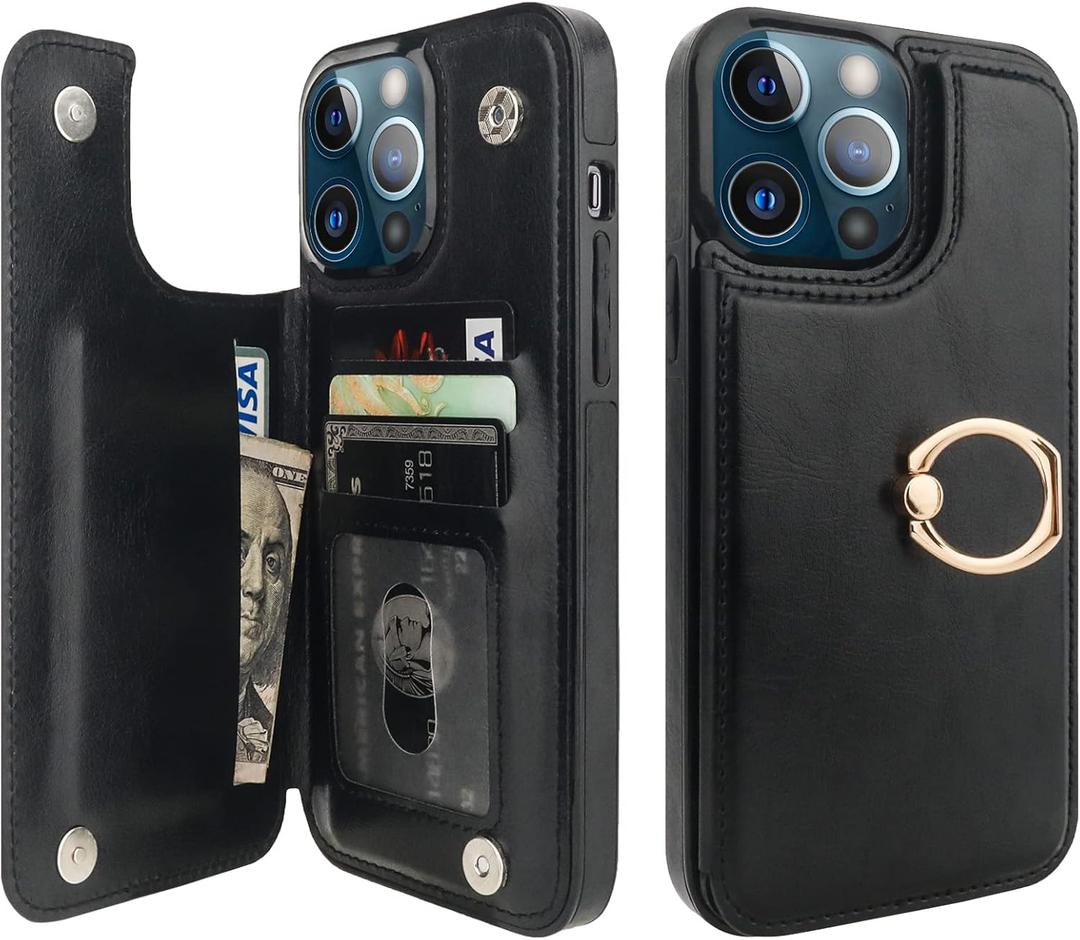 ONETOP for iPhone 13 Pro Max Wallet Case with Card Holder, 360 Rotation Ring Kickstand RFID Blocking PU Leather Double Magnetic Clasp Shockproof Cover for Women and Girls 6.7 Inch (Black)
