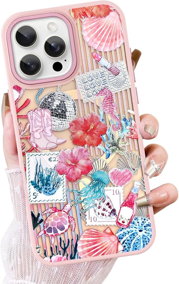 OOK Case for iPhone 16 Pro [Compatible with MagSafe], Luxury Gilded 3D Textured Pink Coastal Beach Ocean Sea Shell Floral Collage Frosted Shockproof for Women Girls Magnetic Phone Cover