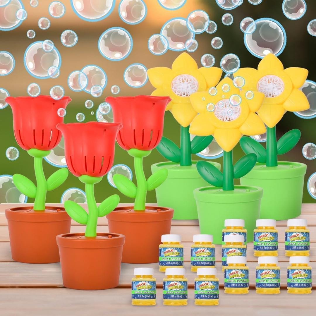 6 Flower Bubble Machines with 12 Bottles Refill Solution, Bubble Maker Party Pack, Flower Bubble Blowers with Music for Kids, Summer Outdoor Garden Bubble Toy, Spring Party Decoration, Garden Gift