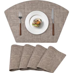 Round Table Placemats Set of 4, Faux Leather Wedge Shape Place Mats Heat Resistant Wipeable Washable Table Mats for Dining Outdoor Indoor, Camel