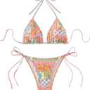 QJQ Women's 2 Piece Bikini Sets Floral Boho Halter Triangle Bathing Suit Tie Side Sexy Cheeky String Swimsuit (Orange) Small 