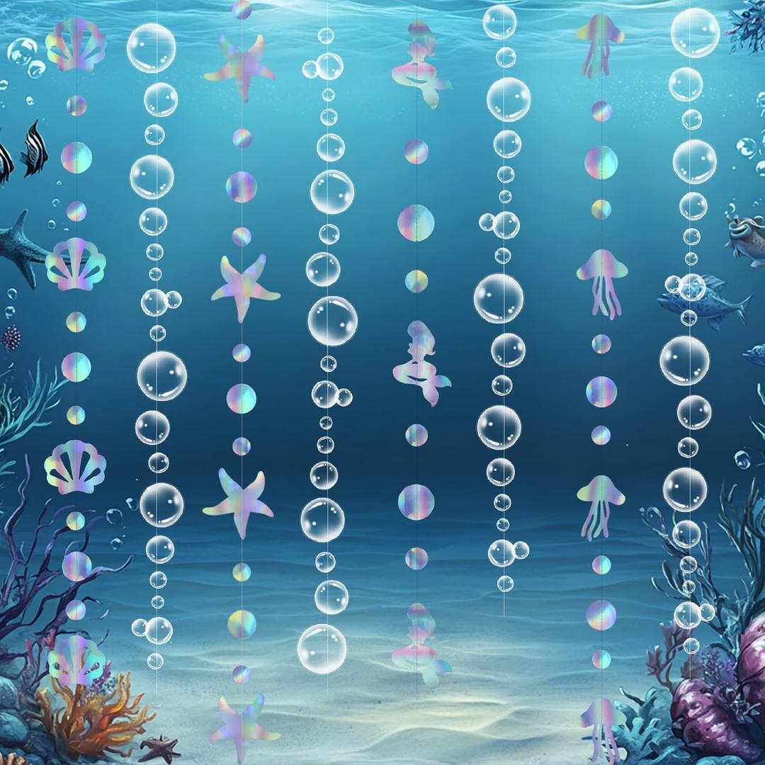 Biubumtu 8 Strings Under The Sea Iridescent Mermaid Garlands & White Bubble Garlands, Birthday Decorations Ocean Theme Baby Shower Party Supplies