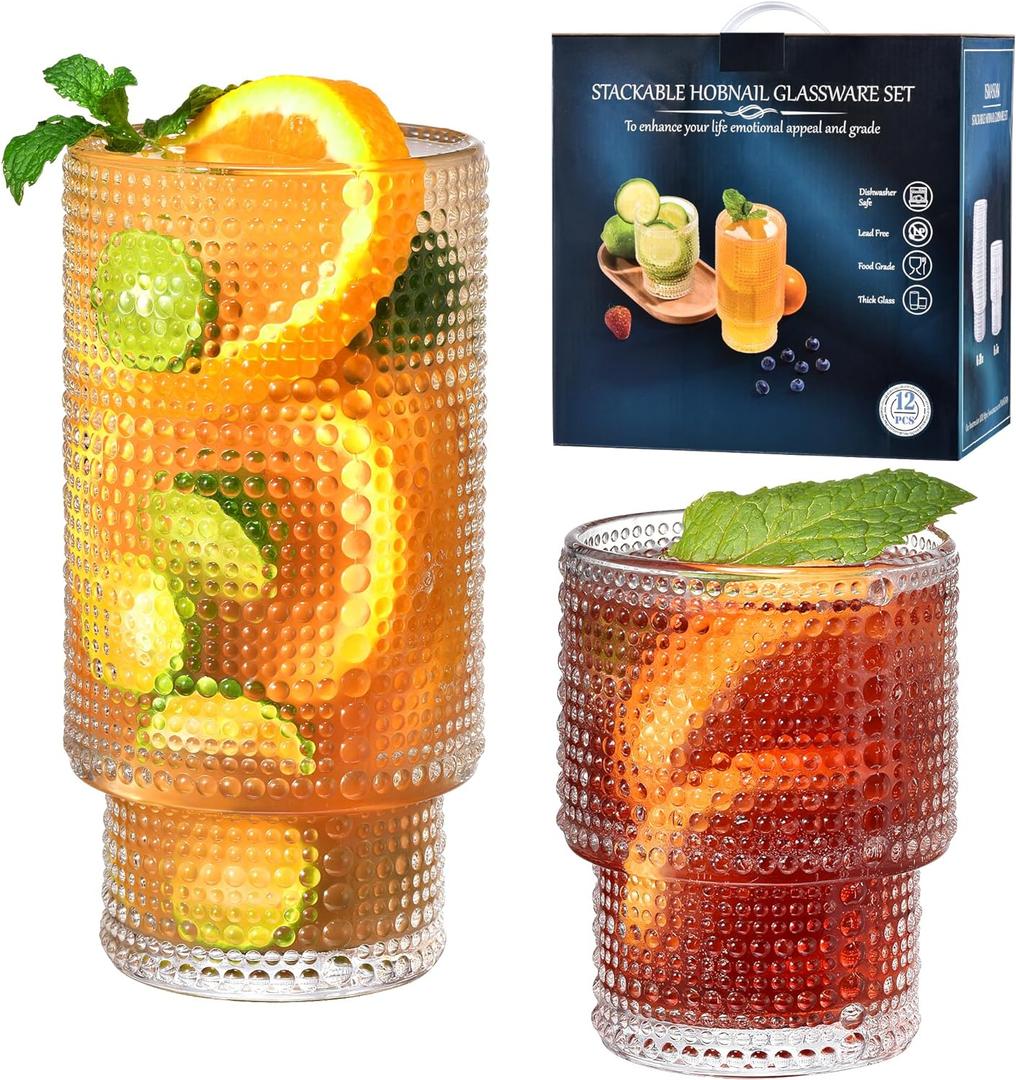 Hobnail Drinking Glasses Set of 12, Stackable Glasses 12 oz and 7 oz, Bubble Glasses Drinking, Vintage Glassware, Beaded Glassware, Highball Glasses, Gift Box Set