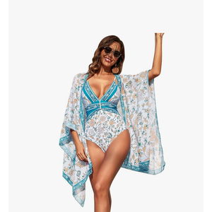 ODIZLI Women's Floral Print One Piece Bikini Swimsuit with Cover-Up Beachwear Outfits.M.