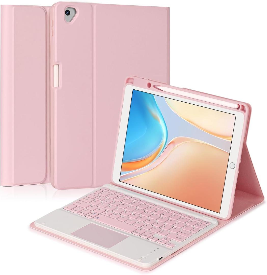 Keyboard Case for iPad 10.2" 7th/8th/9th gen, Compatible with iPad Air3/Pro10.5, Detachable Touchpad BT Keyboard, Magentic Protective Cover with Pencil Holder, Pink