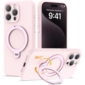 Compatible with iPhone 15 Pro Max Case 6.7'' with 360 Spin Magnetic Ring Stand[Compatible with Mag-Safe] Soft Liquid Silicone 15 Pro Max Case for Men Women,Pink