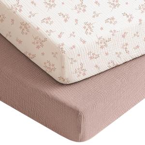 Konssy Muslin Crib Sheets for Boys, Soft Cotton Neutral Baby Sheets for Standard Crib Mattress 2 Pack, 52"x28" (Soft Blooms, Taupe)