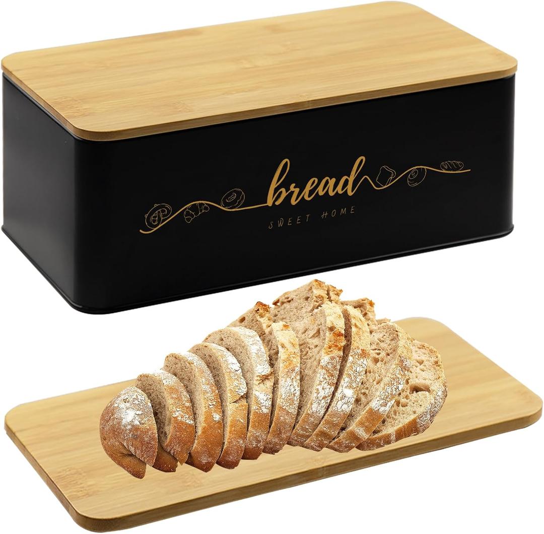Bread Box with Bamboo Cutting Board Lid, Metal Bread Box for Kitchen Counter, Small Bread Storage Container, Black Bread bin for Kitchen Countertop