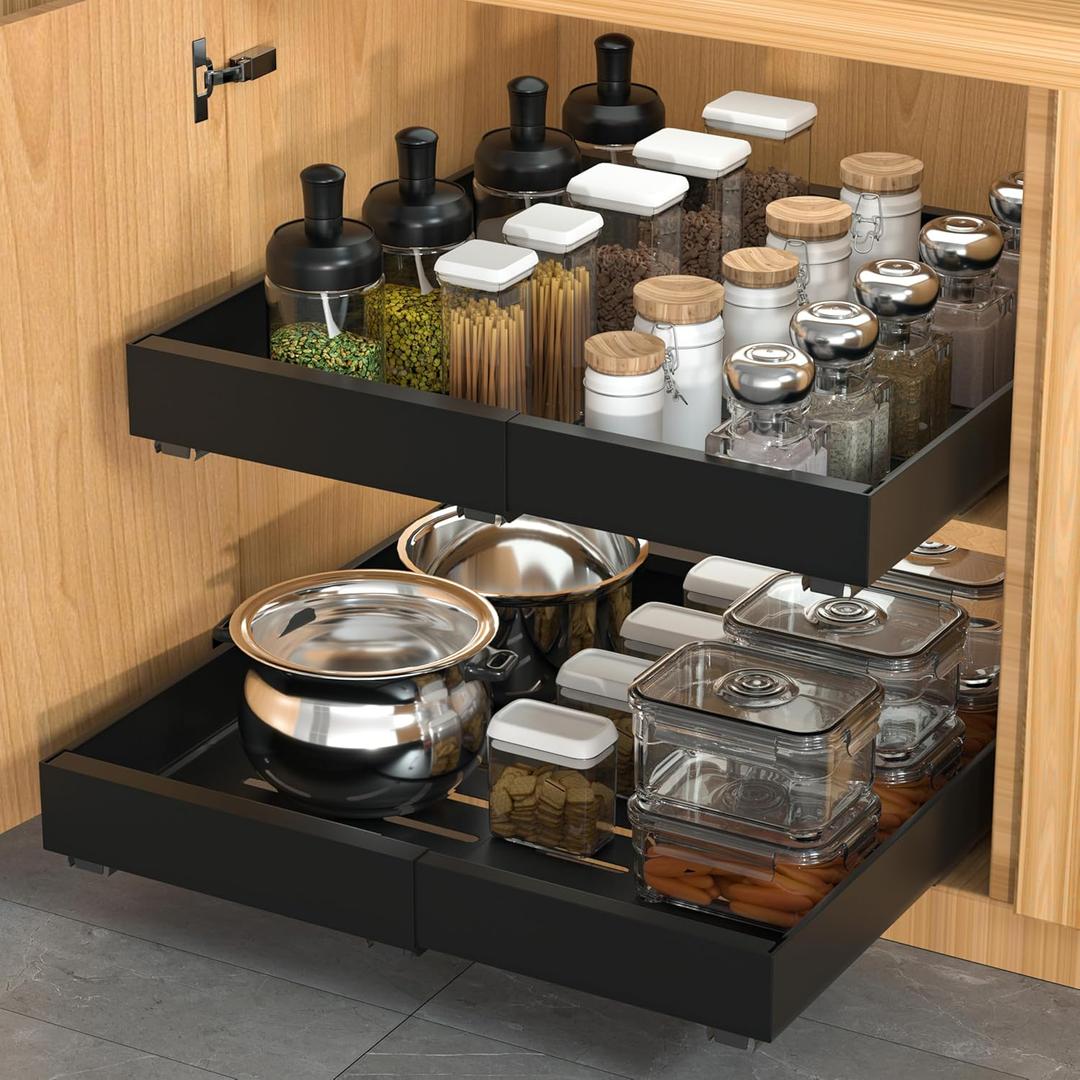 2 Pack Pull Out Cabinet Organizer Expandable, Adhesive with Nano Film, Pull Out Drawers for Cabinets in Kitchen, Pantry or Bathroom (Black, 21" DEEP)